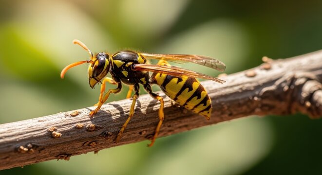 Close up of a wasp perched on a tree branch.