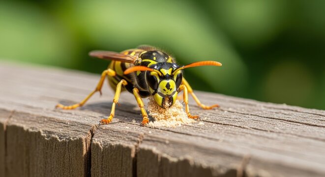 Close up of a wasp on a wooden surface outdoors.