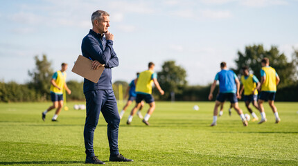 Obraz premium Entraîneur observant une séance de football sur un terrain