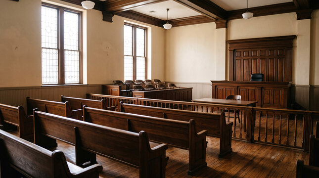 Salle d&rsquo;audience traditionnelle vide avec bancs en bois