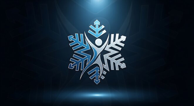 Human figure integrated with a blue snowflake on a dark background