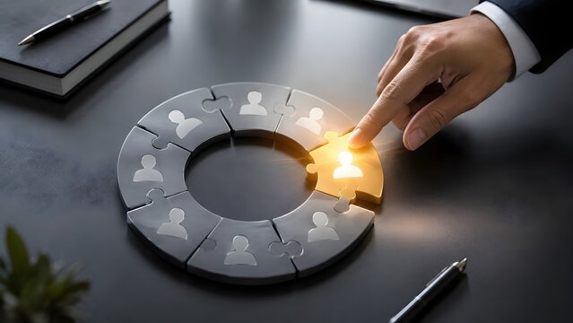 Hand placing a glowing gold puzzle piece into a circular puzzle with silver pieces representing talent acquisition and teamwork.