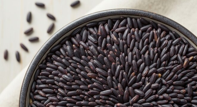 Close up of black sesame seeds in a metal bowl.
