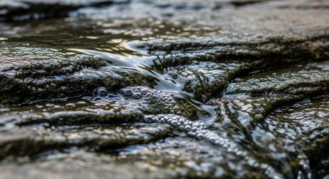 Close up of flowing water over mossy rocks.