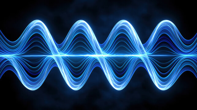 Abstract scientific visualization of blue electromagnetic wave forming symmetrical luminous oscillation on dark background, conveying energy, frequency, and motion in digital space