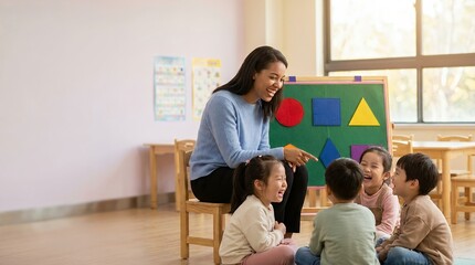 Fototapeta premium A friendly teacher teaching geometric shapes to a group of young children in a preschool classroom.