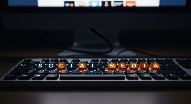 Close up of laptop keyboard with social media keys.