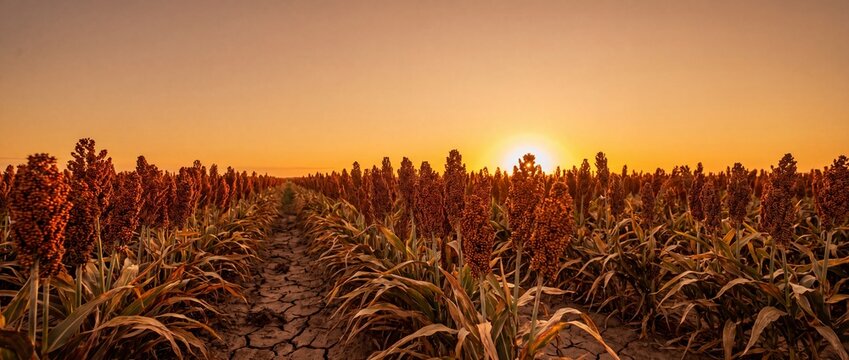 Drought-tolerant grain sorghum crop ripening in a dry agricultural field during golden hour sunset
