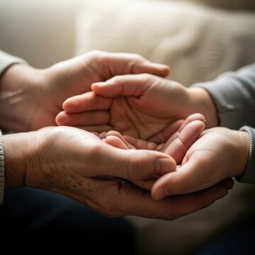 Close up of hands clasped together in comfort and support.