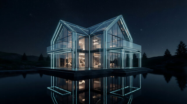 Stunning Modern Glass House with Illuminated Frame Reflected in Water at Night