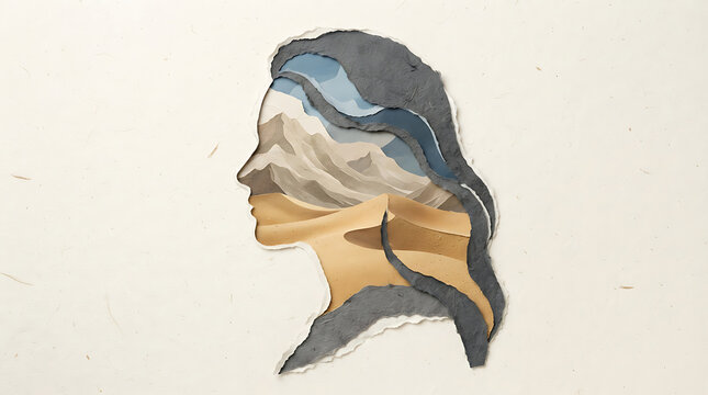 Intricate Paper Cutout Face Silhouette Filled with Layered Mountain and Desert Landscapes