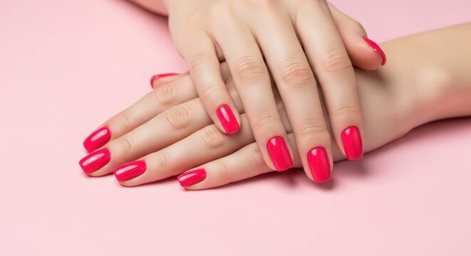 Close up of hands with bright red nail polish on pink background.
