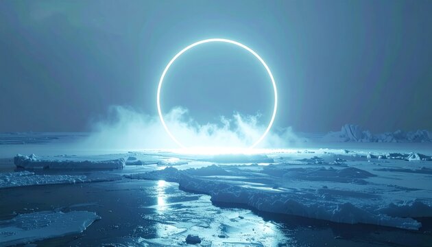 Ethereal Arctic Landscape with Glowing Circle and Misty Atmosphere.