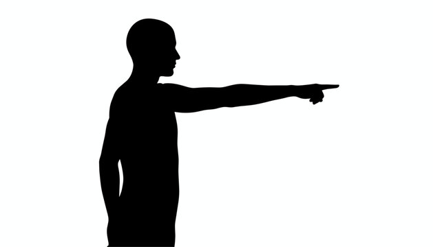 Black silhouette of a standing man pointing his finger forward in a strict gesture of direction or instruction.