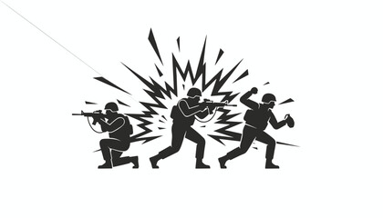 Fototapeta premium Dramatic black silhouette of three military soldiers in combat during a powerful explosion on a white background.