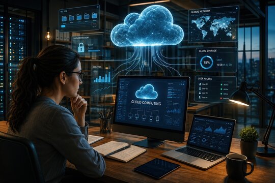 Professional woman working in a modern office surrounded by futuristic cloud computing interfaces and holographic dashboards. A detailed blend of realistic photography and digital art illustrating clo