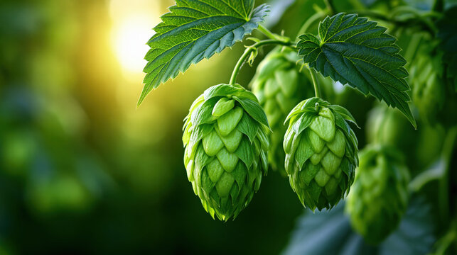 Close up of green hop cone on vine with serrated leaf, glowing sunlight, lush foliage, and natural agricultural detail creating fresh botanical scene