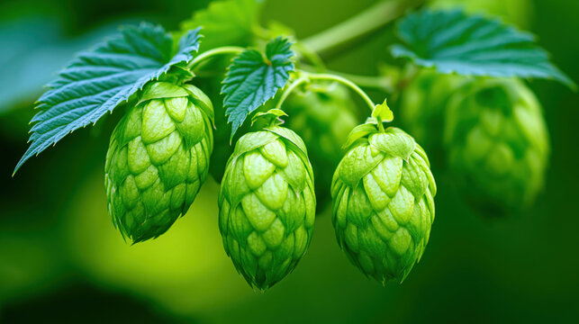 Close up of green hop cone on vine with textured leaf and fresh botanical detail, natural crop plant growth creating vivid agricultural background