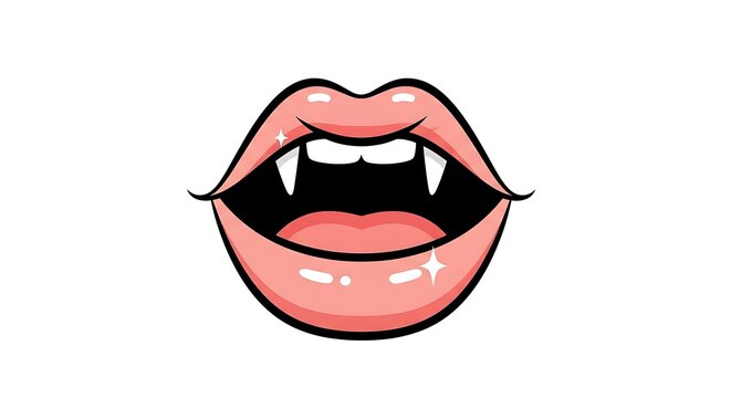 Vampire mouth with sharp fangs and glossy pink lips on white