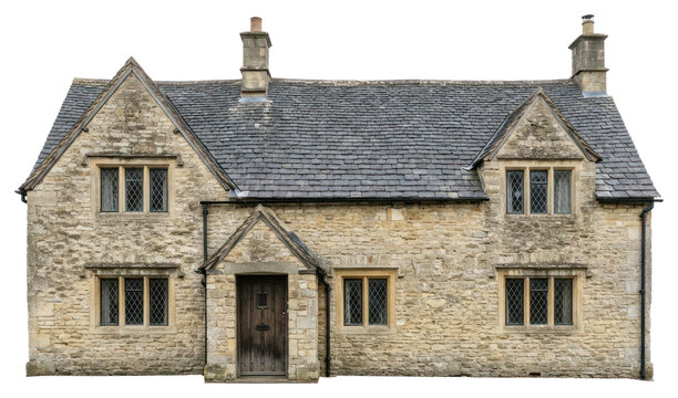 Traditional English Stone Cottage Isolated on White