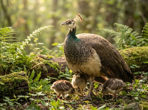 Peahen Protecting Peachicks in Lush Woodland During Early Morning