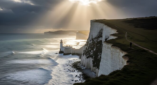 White cliffs of dover with lighthouse and golden sunbeams