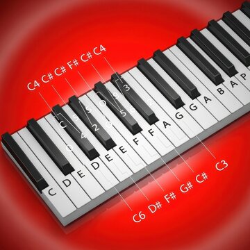 Close up of piano keyboard with musical notes on red background.