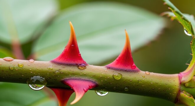 Close up of rose thorns with water droplets on stem.