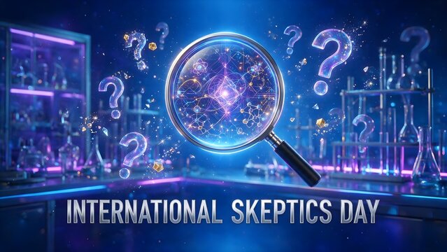 International Skeptics Day concept banner with glowing magnifying glass and scientific glassware