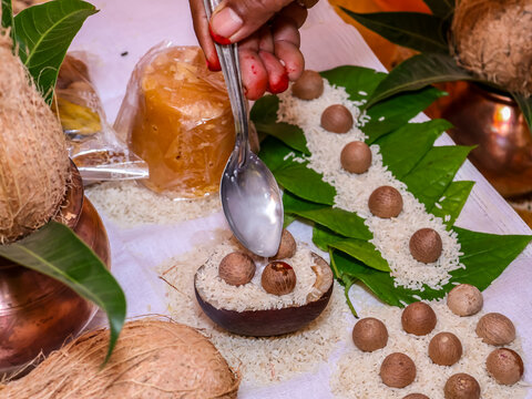 Bisu Kani Festival Ritual and Offerings, traditional Hindu puja arrangement during a religious ritual or wedding ceremony. 