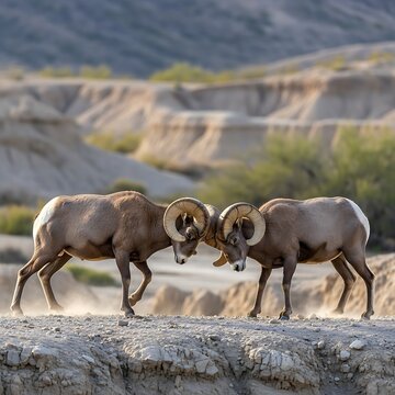 Two bighorn sheep rams clashing horns in desert landscape