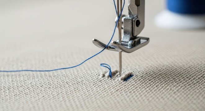 Close up of sewing machine needle stitching fabric.