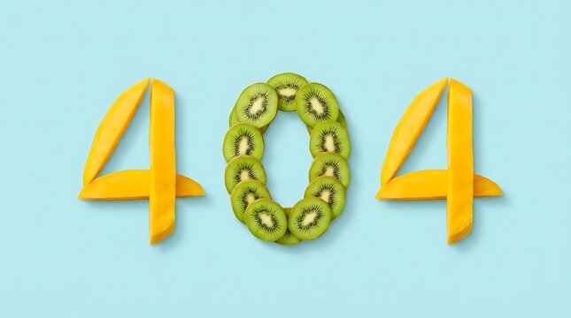 A creative 404 food themed error page concept featuring the number 404 creatively arranged with fresh sliced mango fruit and vibrant kiwi fruit slices