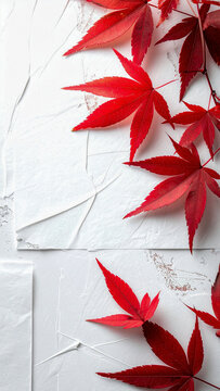 Japanese washi paper with red maple leaves background texture for design use 4