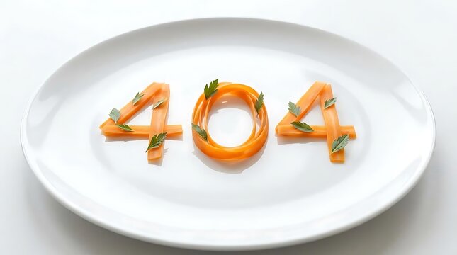 404 food conceptual art made with carrot strips and fresh parsley leaves arranged on a white ceramic plate representing a creative website error page