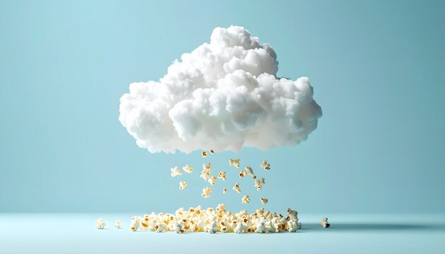 Fluffy cloud with falling popcorn in a minimalist studio
