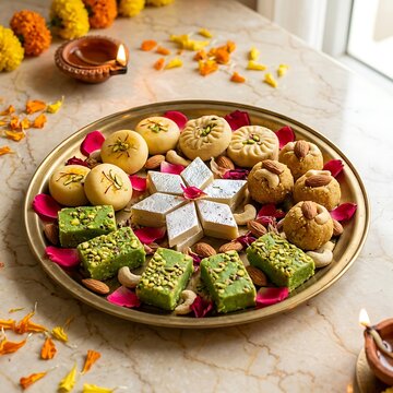 Assorted Traditional Indian Sweets Platter with Flower Petals Decoration