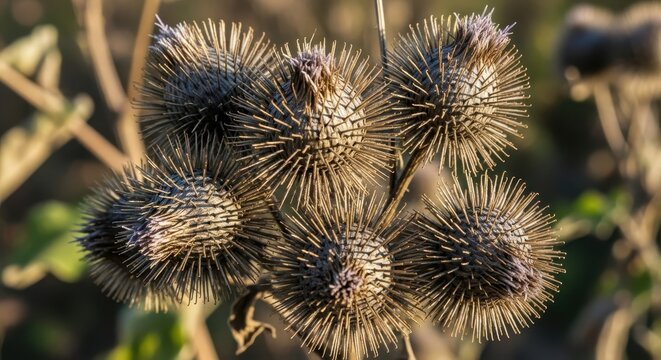 Close up of spiky thistle seed heads in natural light.