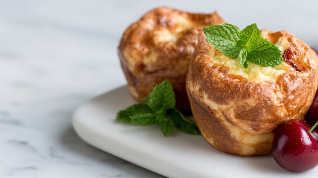 Cherry popovers with fresh mint garnish, modern brunch styling, clean vibrant colors