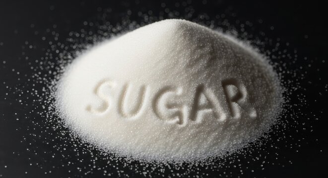 Close up of white granulated sugar pile on black background.
