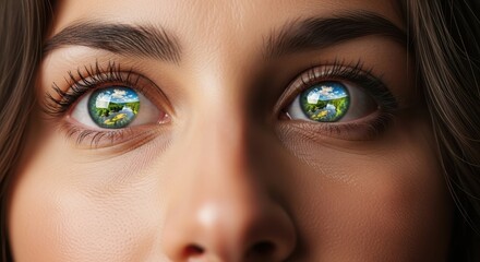 Fototapeta premium Close up of woman with green earth reflection in eyes.