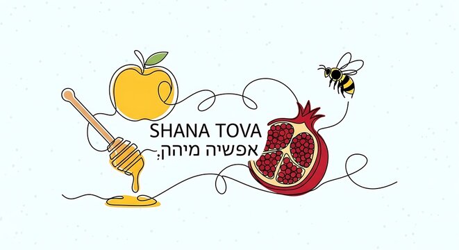 Rosh hashanah symbols in continuous line art with shana tova text