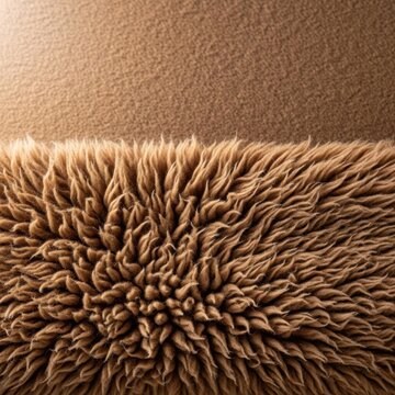 Close up texture of brown shaggy carpet fibers.