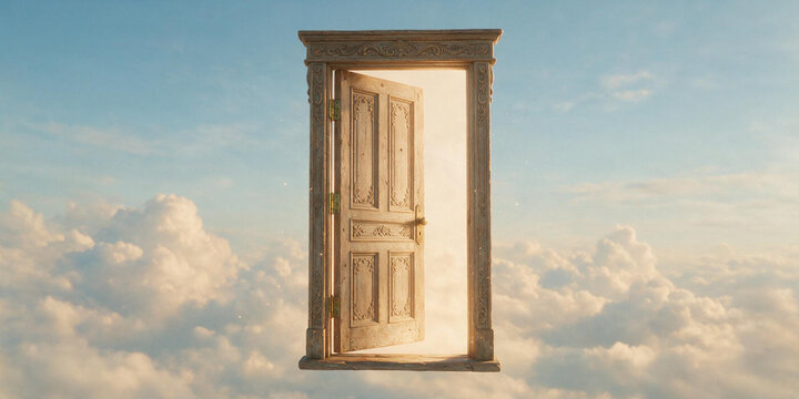 Surreal 3D scene of an isolated open door floating in the sky among clouds. Ornate wooden doorway as a conceptual editorial metaphor for new opportunities and ambiguous transitions