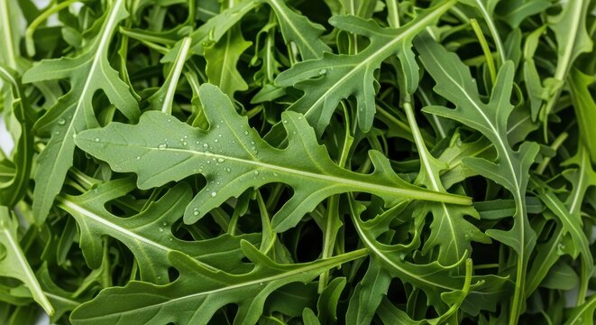 Close up view of fresh green arugula leaves in garden.