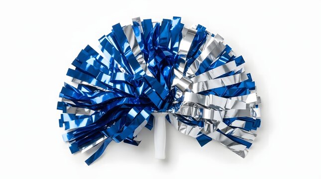 Blue and silver cheerleader pom-pom isolated on white background for sports spirit events.