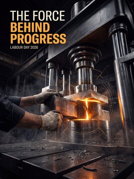 Industrial metal pressing operation featuring worker hands shaping glowing hot steel components inside factory workshop