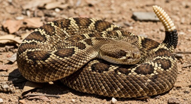 Coiled Western Diamondback Rattlesnake on Desert Ground.