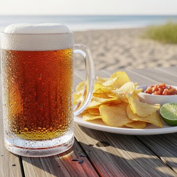 Cold beer and chips on a sunny beach picnic table.