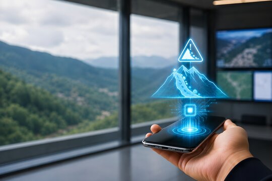 AI Landslide Warning Hologram Above Smartphone